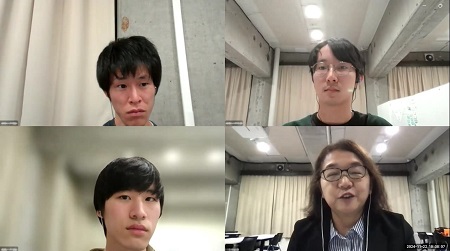 古代国文学ゼミナールのゼミ生（４年）と座談会 左上：馬田晴仁さん、右上：安藤充彦さん、左下：吉田秀さん、右下：小林教授